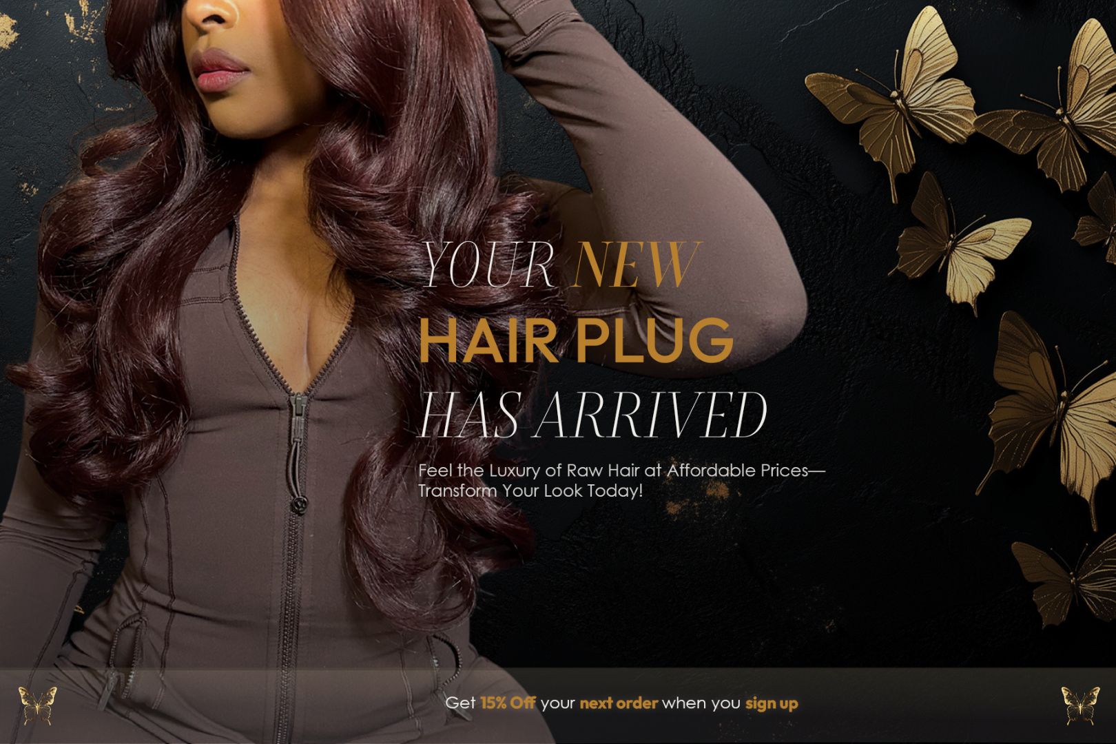 Fearless hair banner displaying woman with luxury straight hair bundles