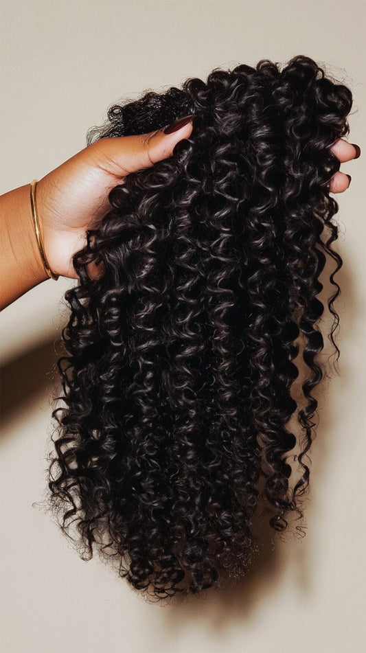 Raw Burmese Curly hair extensions displayed to showcase their natural curl pattern, volume, and premium quality.